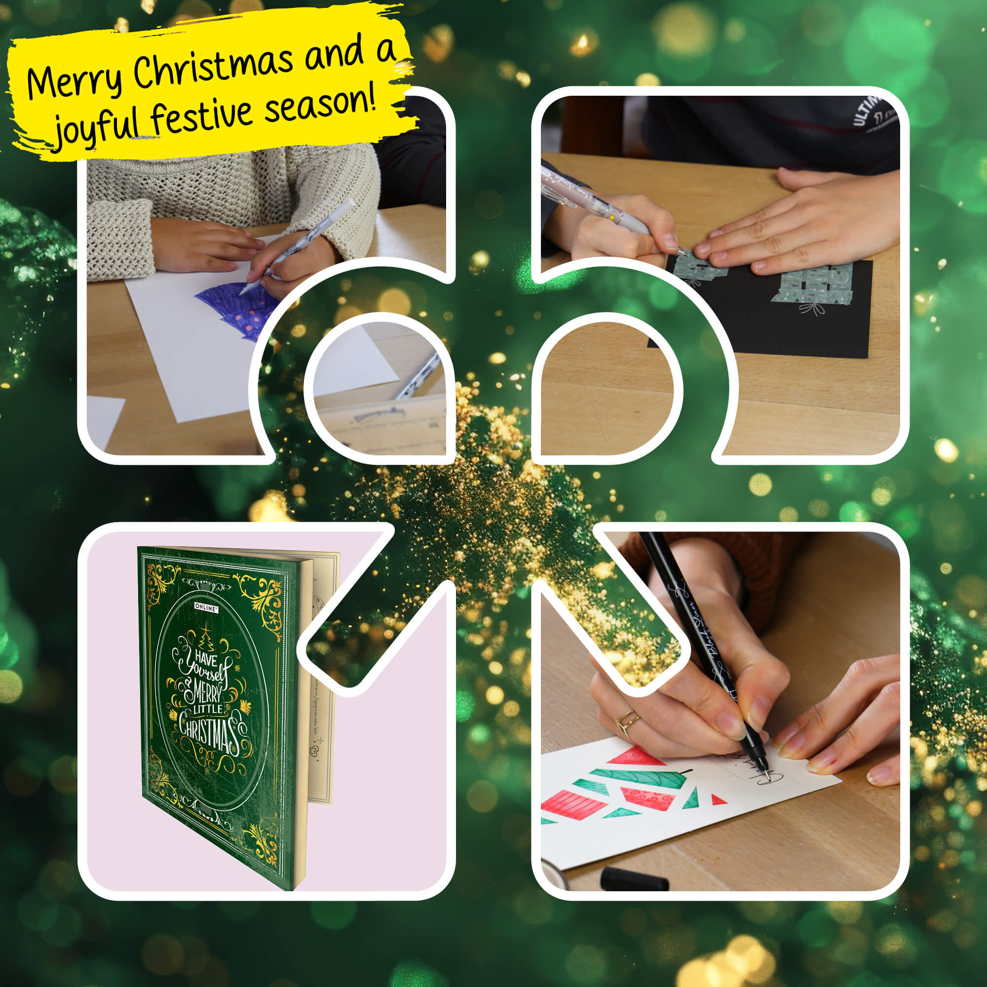 Kinder malen mit Stiftent auf Grußkarten weihnachtliche Motive