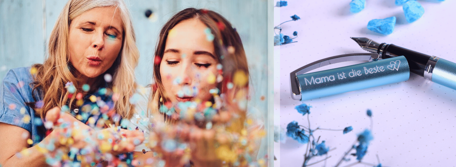 Zwei Frauen, Mutter und Tochter pusten Konfetti, daneben liegt ein gravierter Stift mit Text Mama ist die Beste