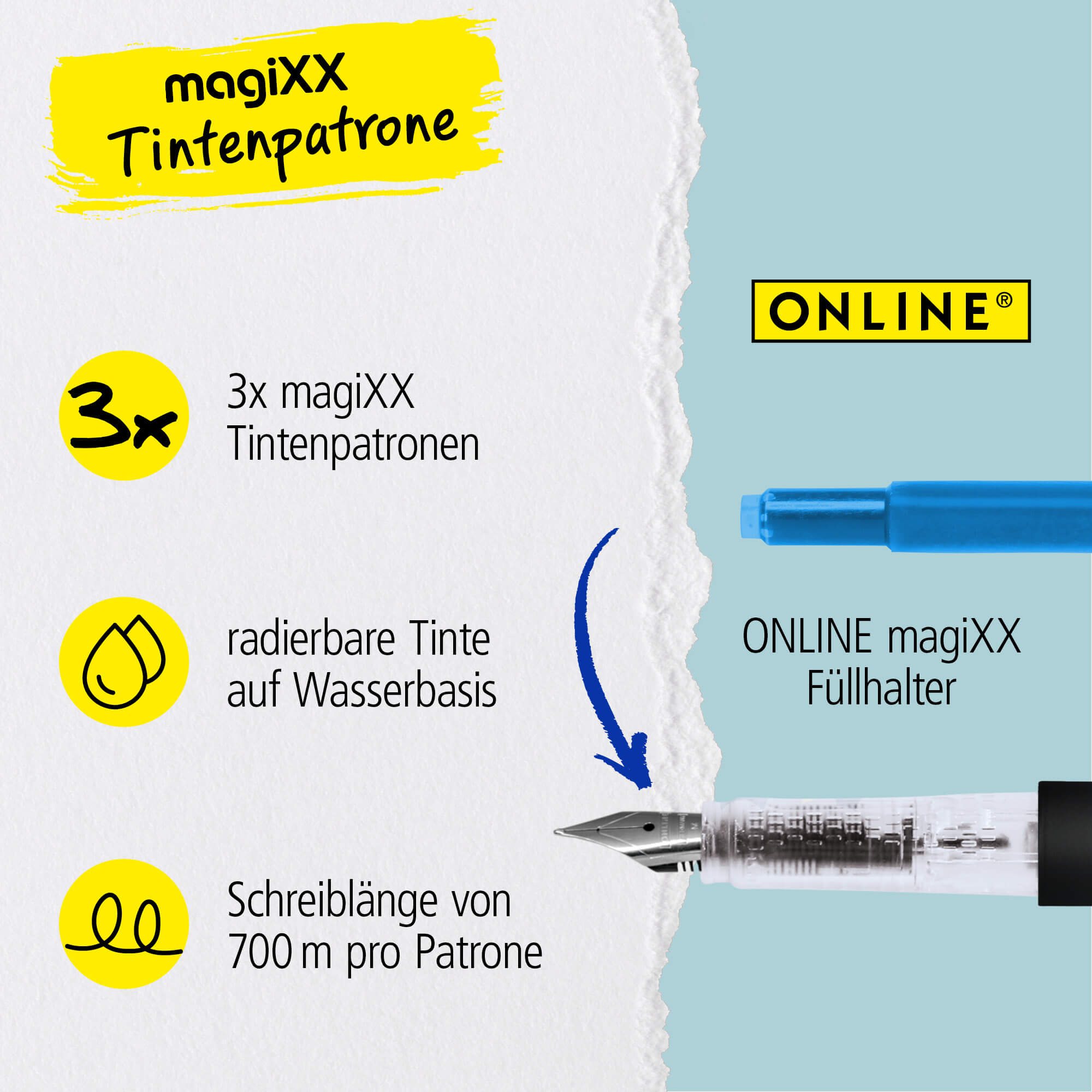 3x magiXX ink cartridge Fountain Pen, erasable, blue writing colour