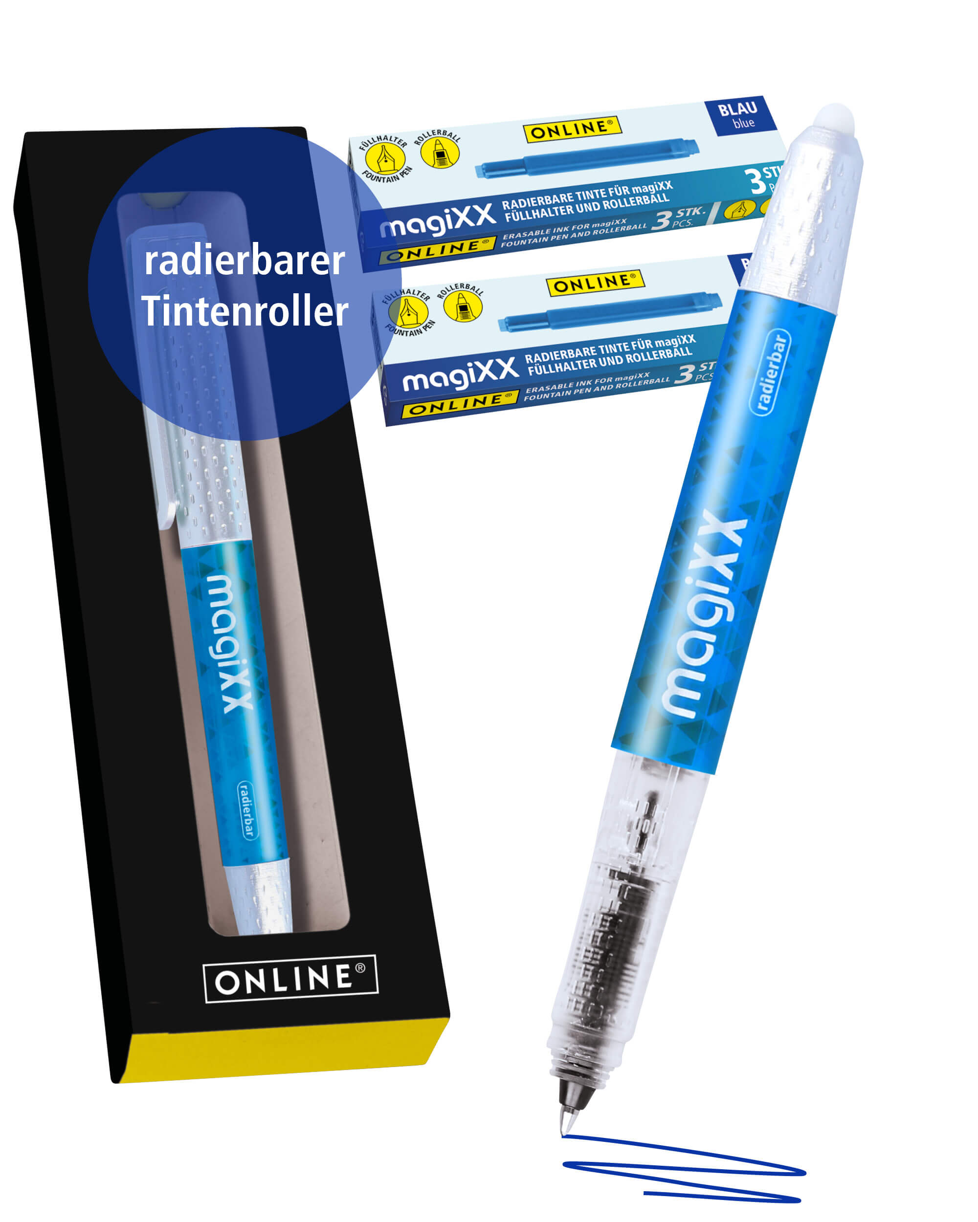 Erasable Ink-Rollerballl ONLINE magiXX Blue incl. Ink-Cartridges