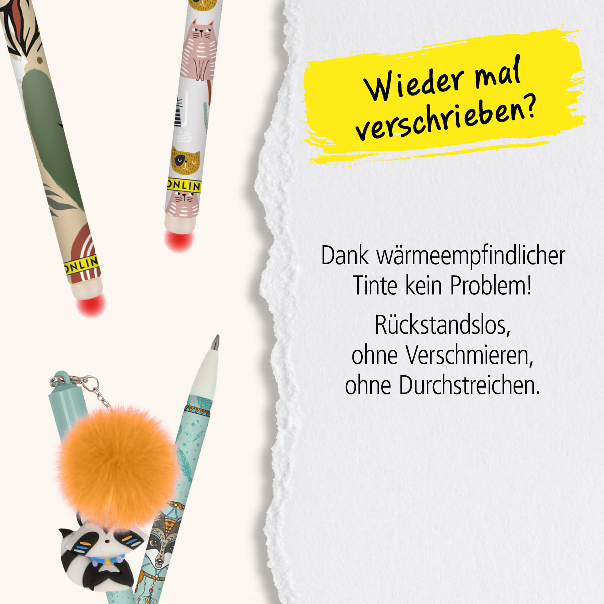 Erasable gel pens with animal motifs and pompoms