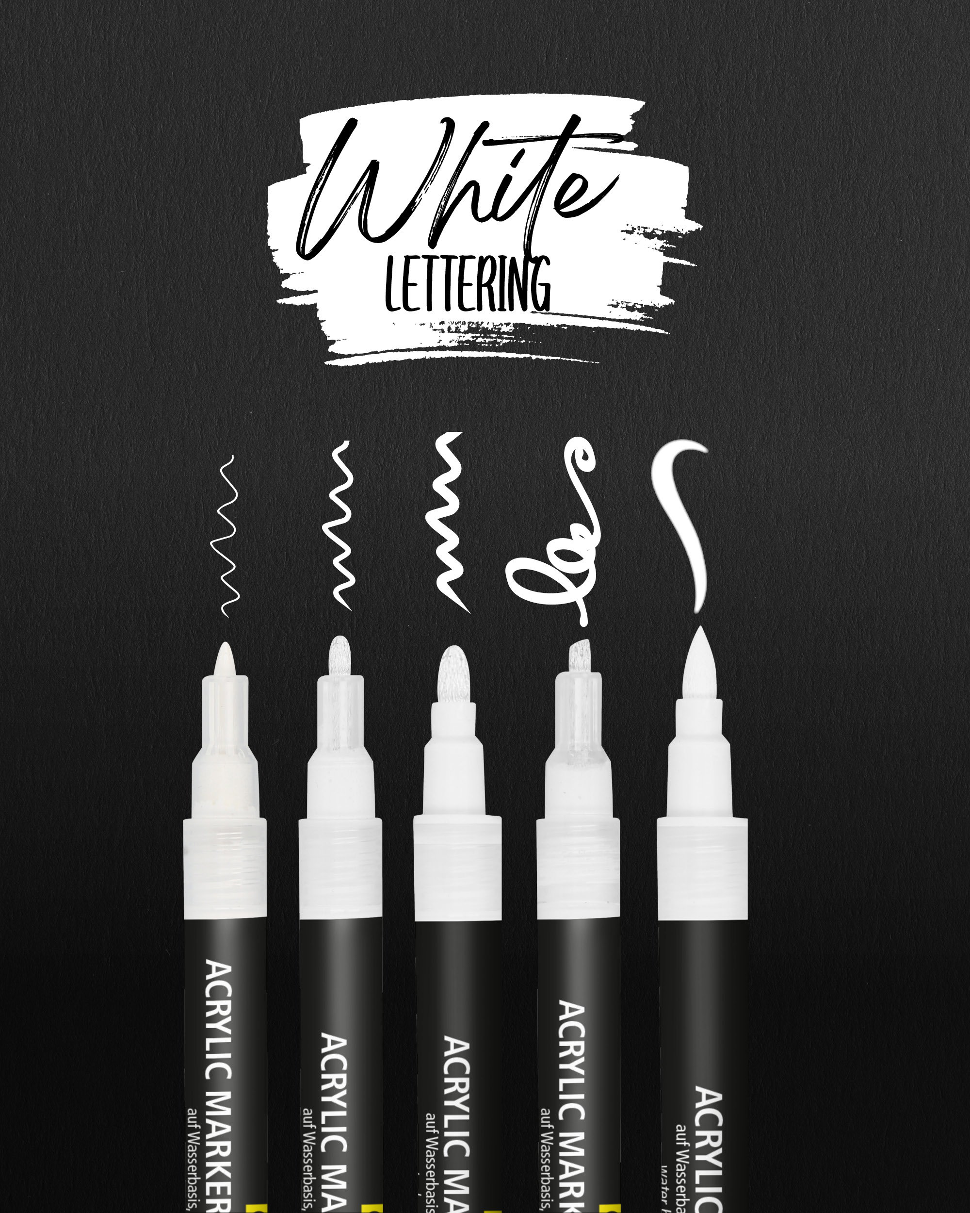 White Lettering Set with Acryl Marker, Fineliner and Brushpen, 5 pens ONLINE White Lettering Set