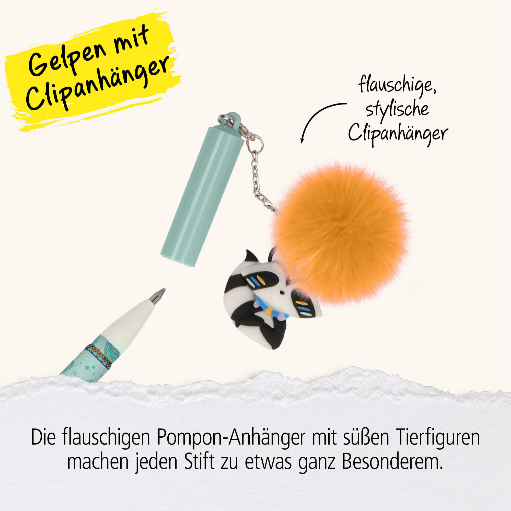 Erasable gel pens with animal motifs and pompoms