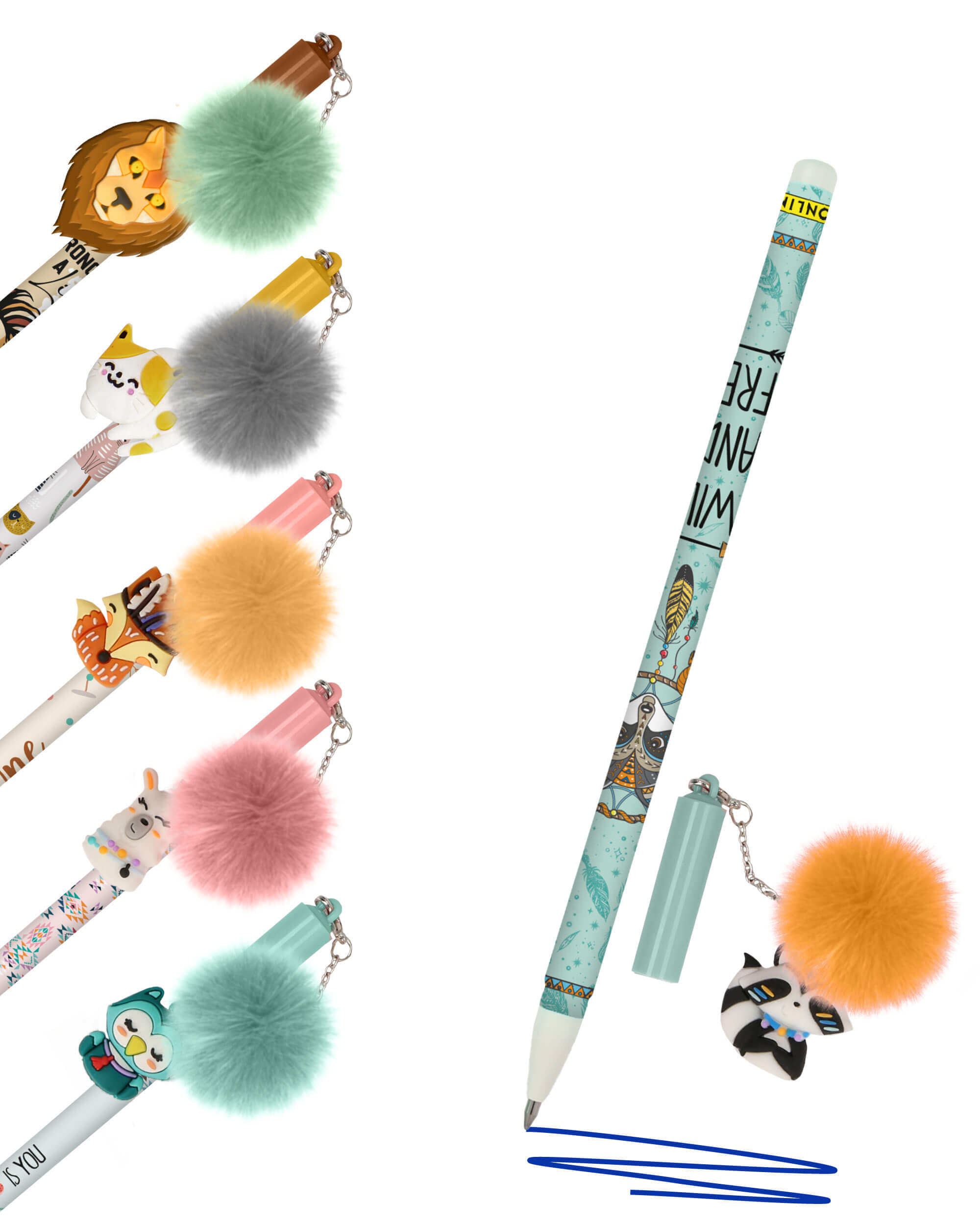 Erasable gel pens with animal motifs and pompoms