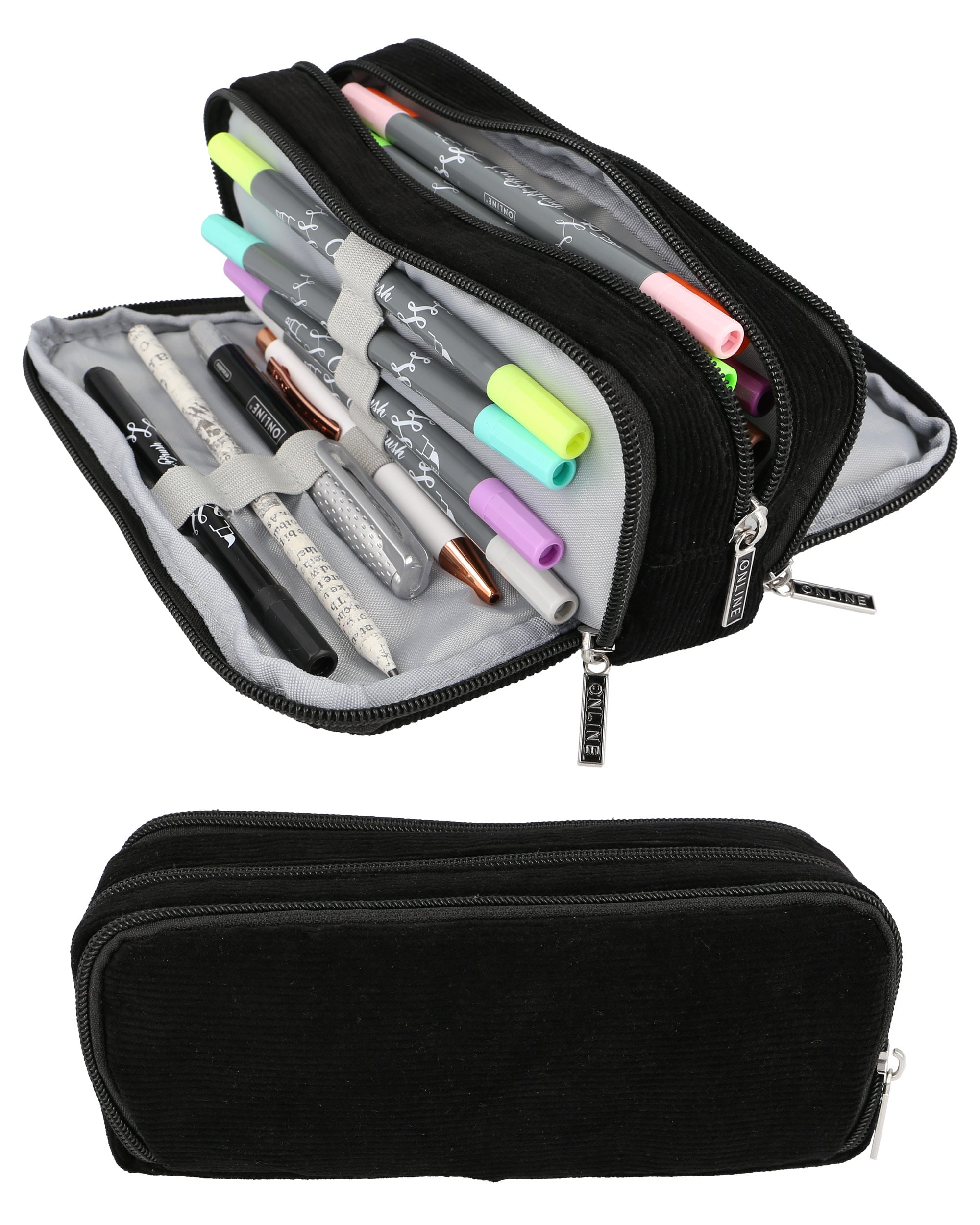 Triple pencil case ONLINE cord black ONLINE Schlamperetui Triple CordBlack mit viel Stauraum in drei Fächern
