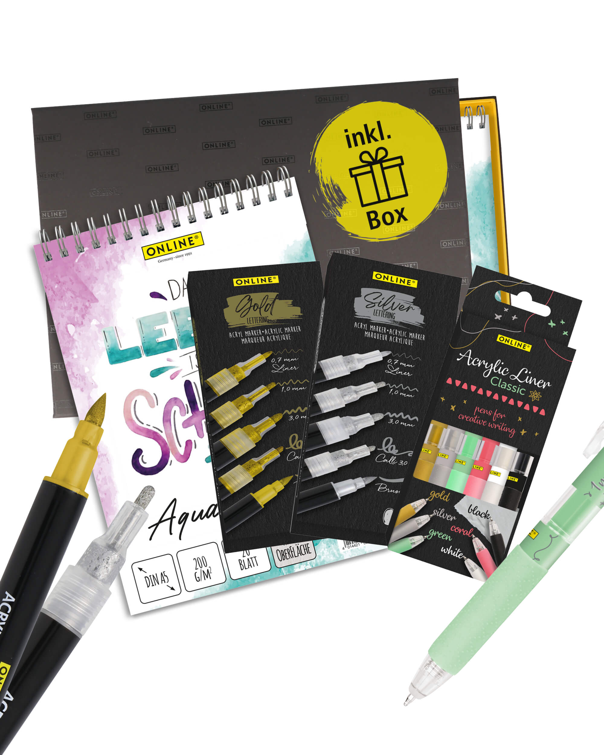 Acrylic Lettering Set – 17 pieces, opaque hand lettering pens with brush pen, fineliner, acrylic markers incl. watercolor pad, in gift packaging