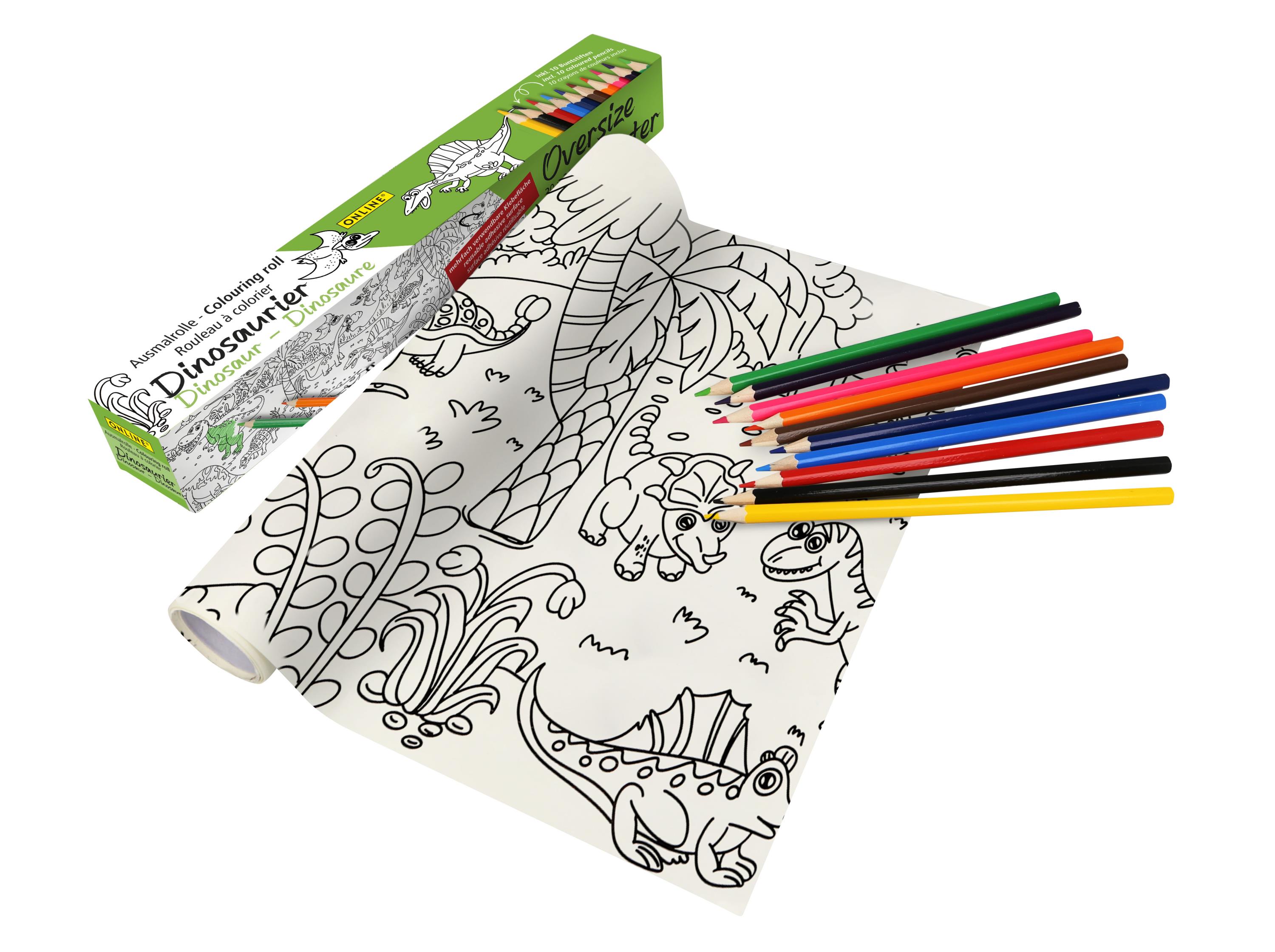 Colouring Roll, 30 x 200 cm self-adhesive, incl. 10 coloured pencils, Dinosaur