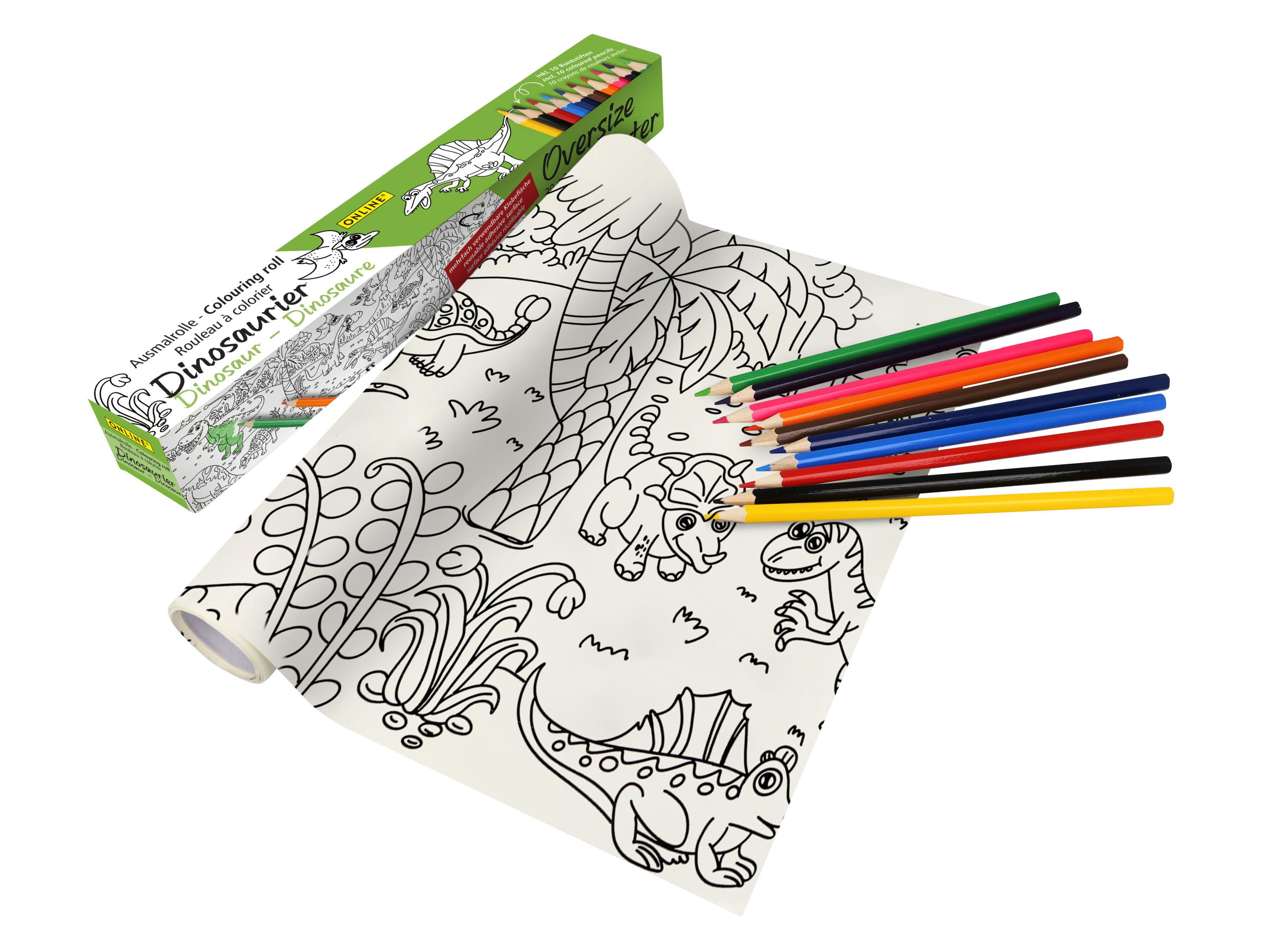 Colouring Roll, 30 x 200 cm self-adhesive, incl. 10 coloured pencils, Dinosaur Colouring Roll, 30 x 200 cm self-adhesive, incl. 10 coloured pencils, Dinosaur
