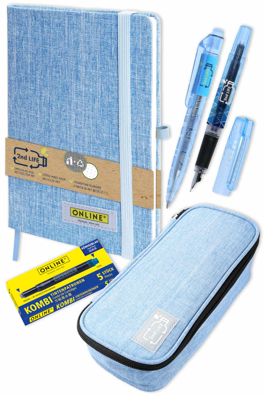 Set 2nd LIFE incl. notebook A5, fountain pen, ball pen, pencil case and ink cartridges