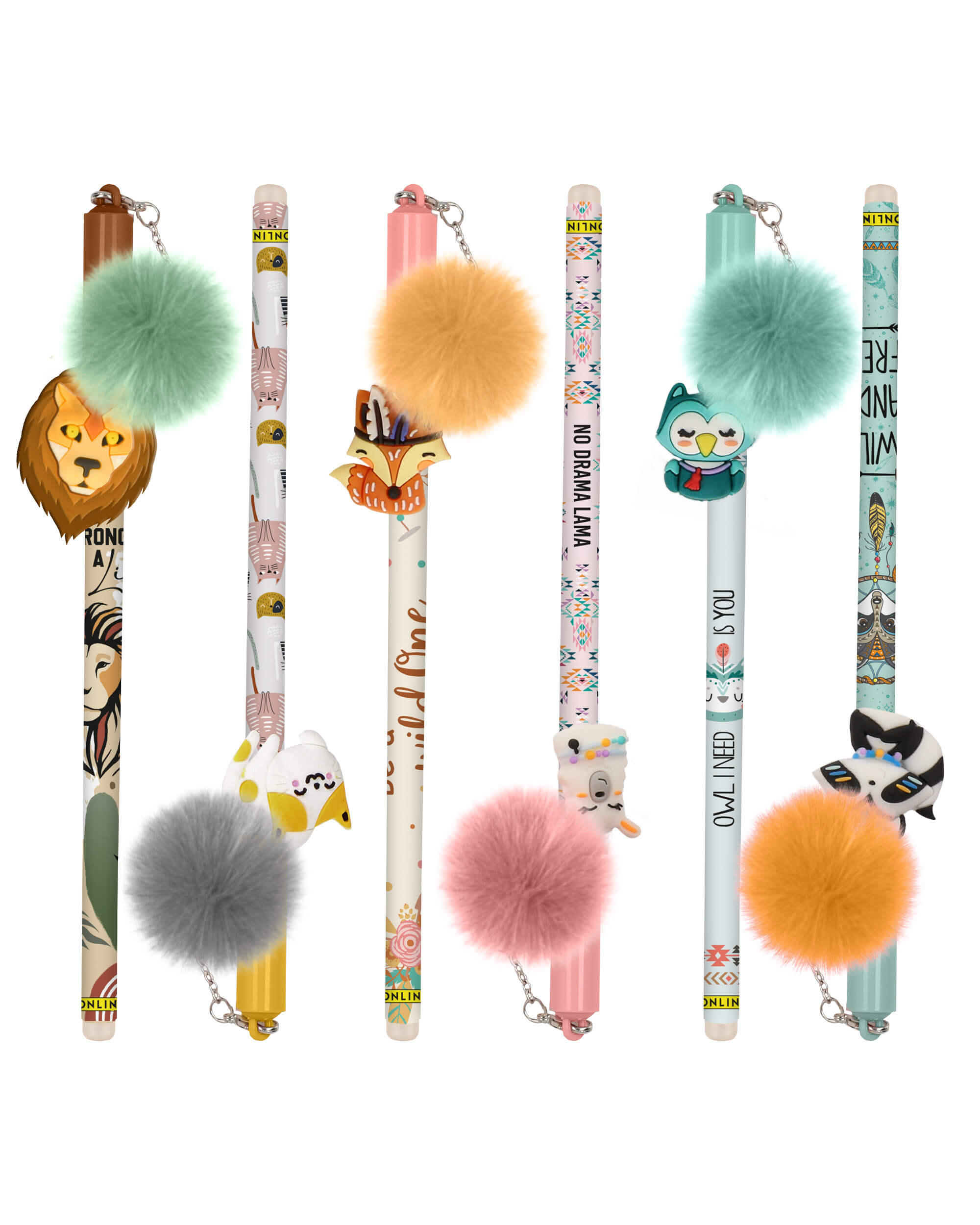 Erasable gel pens with animal motifs and pompoms