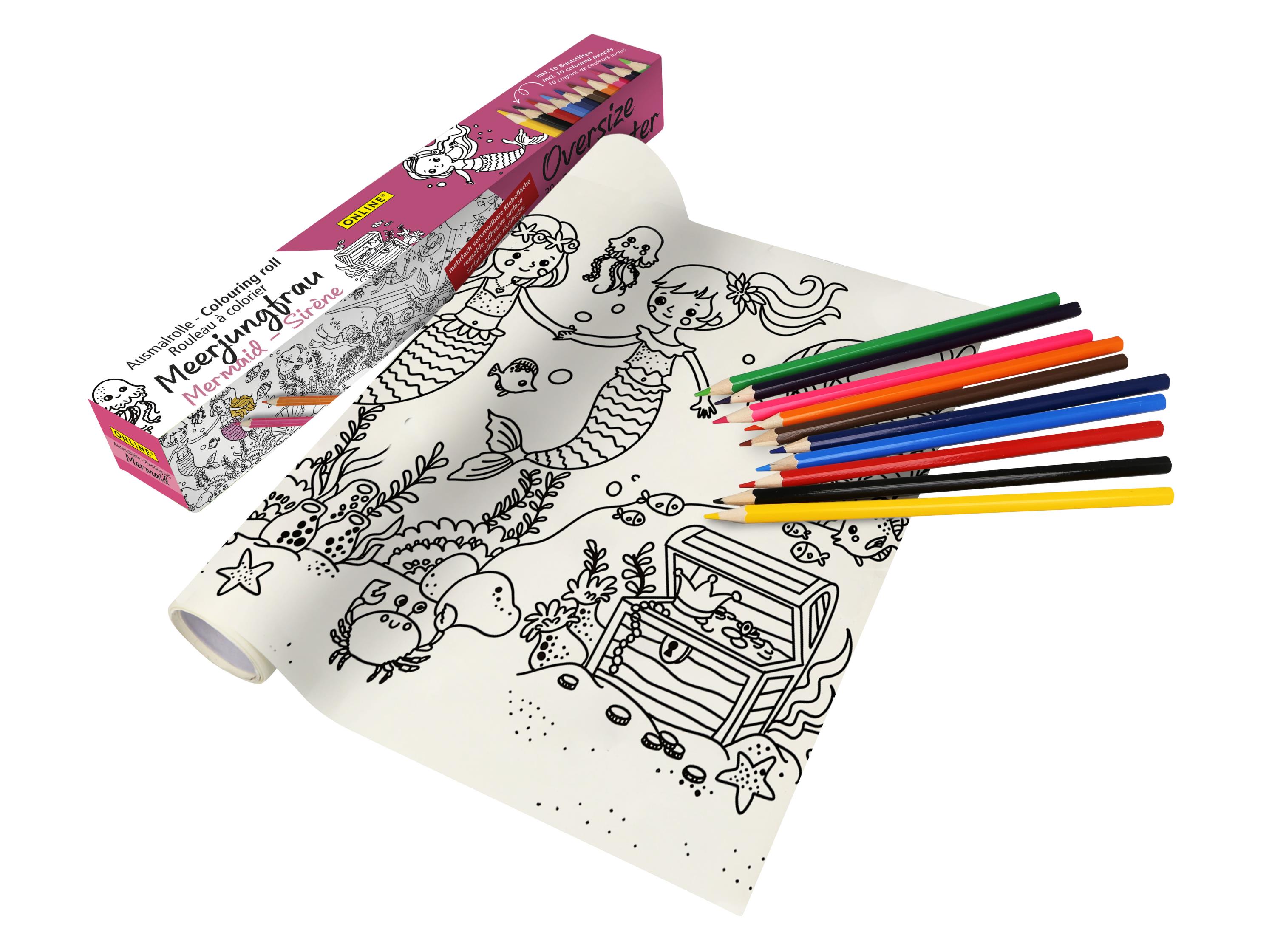 Colouring Roll, 30 x 200 cm self-adhesive, incl. 10 coloured pencils, Mermaid