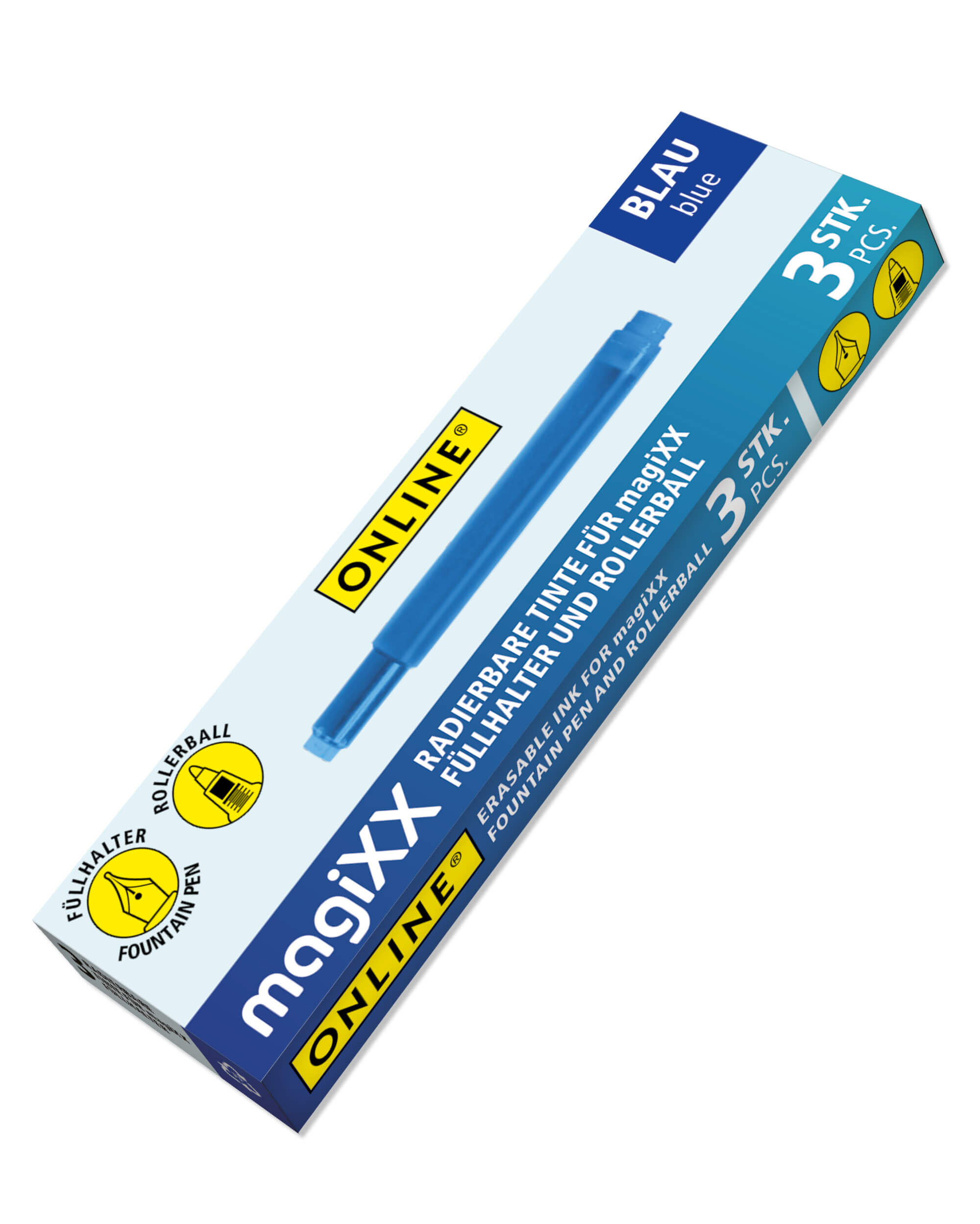 3x magiXX ink cartridge Fountain Pen, erasable, blue writing colour