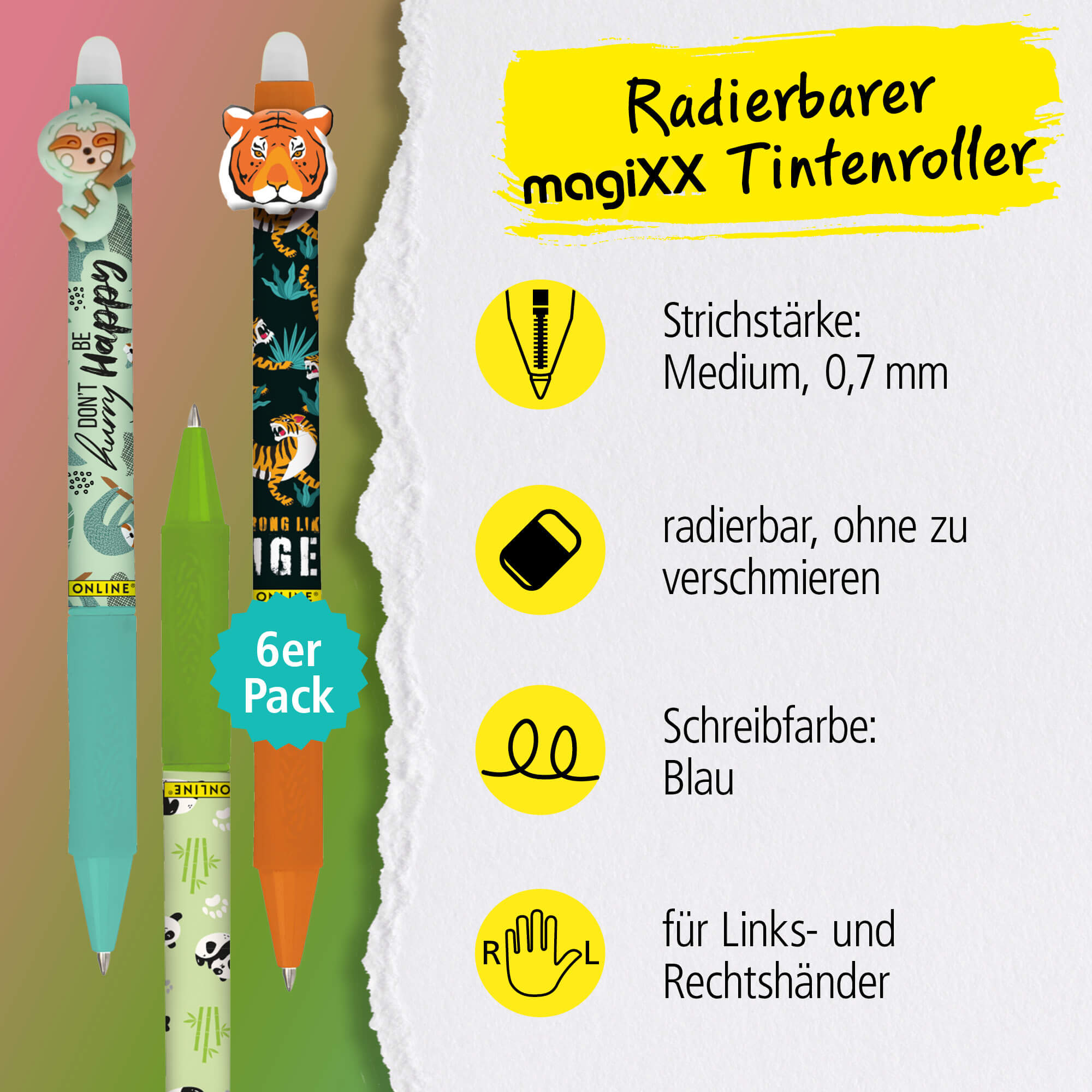 ONLINE Radierbare Gelschreiber ONLINE magiXX Fun Animals, 6er-Pack