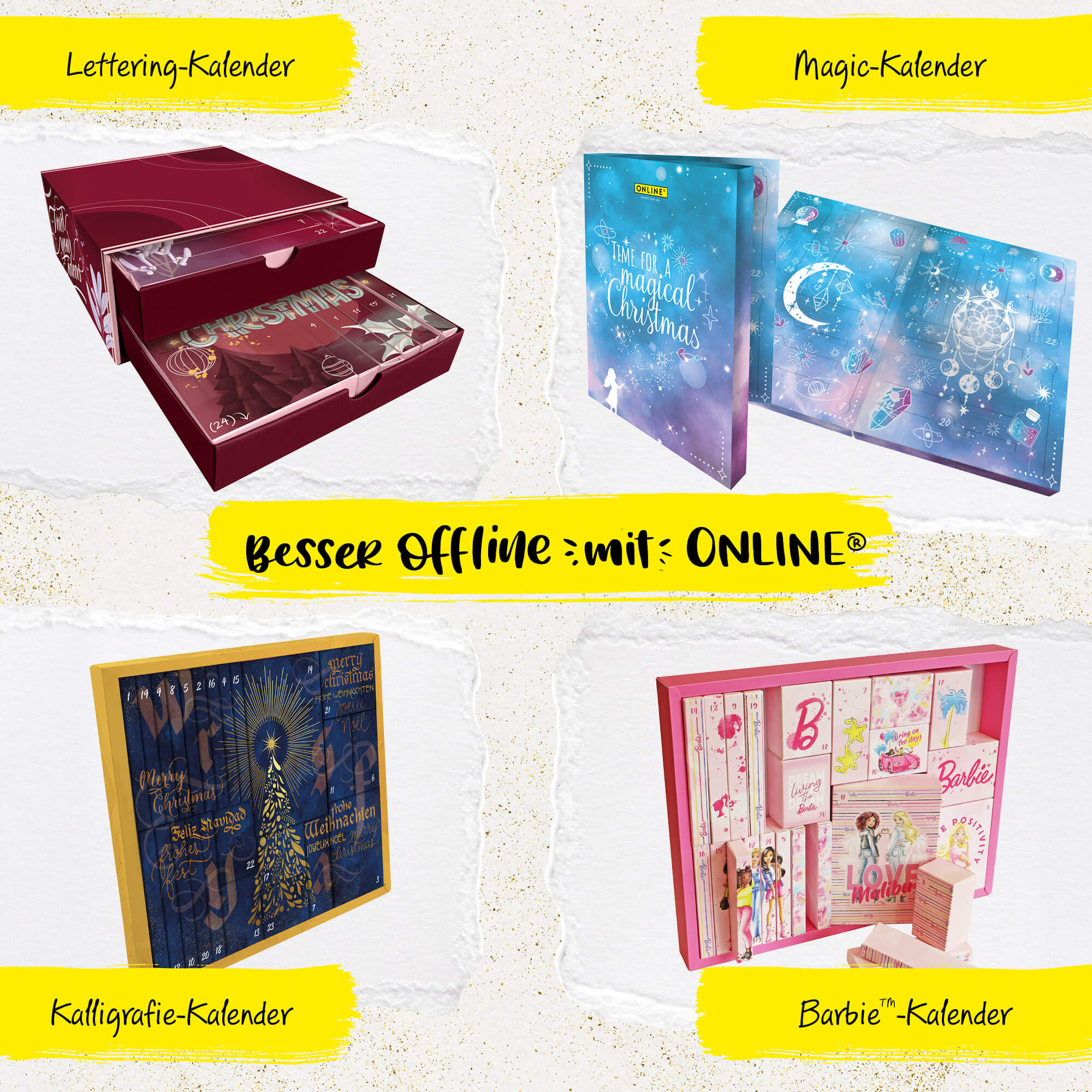 Kalender steht vor Weihnachtsbaum, Vordergund sind Geschenke