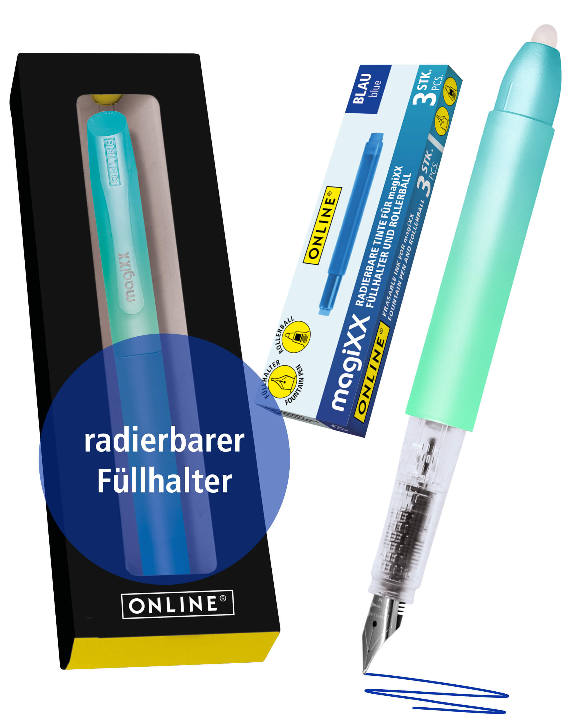 Radierbarer Füller ONLINE magiXX Turquoise Dream inkl. Tintenpatronen