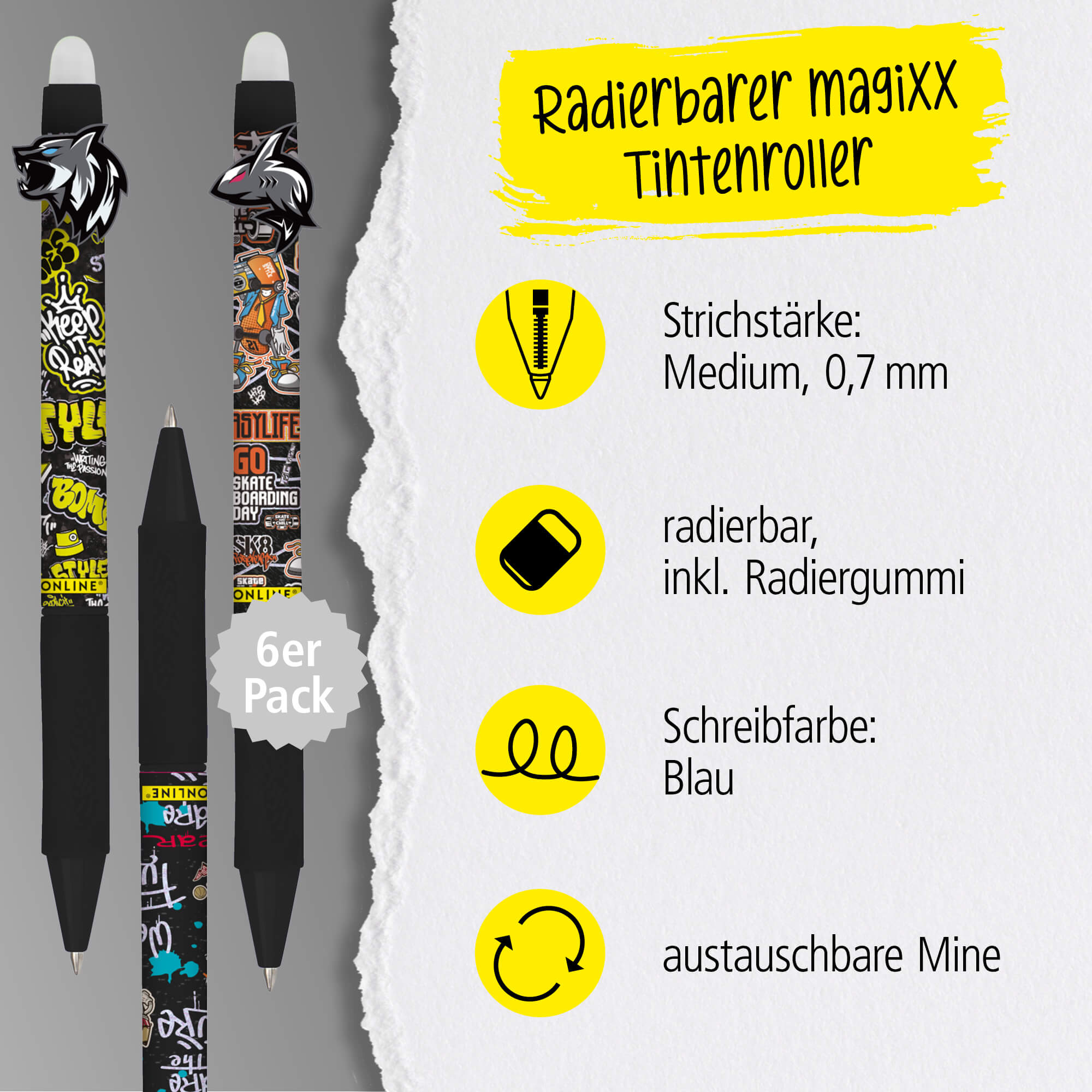 Radierbare Gelschreiber Angry Animals, 6er Pack Radierbare Gelschreiber Angry Animals, 6er Pack