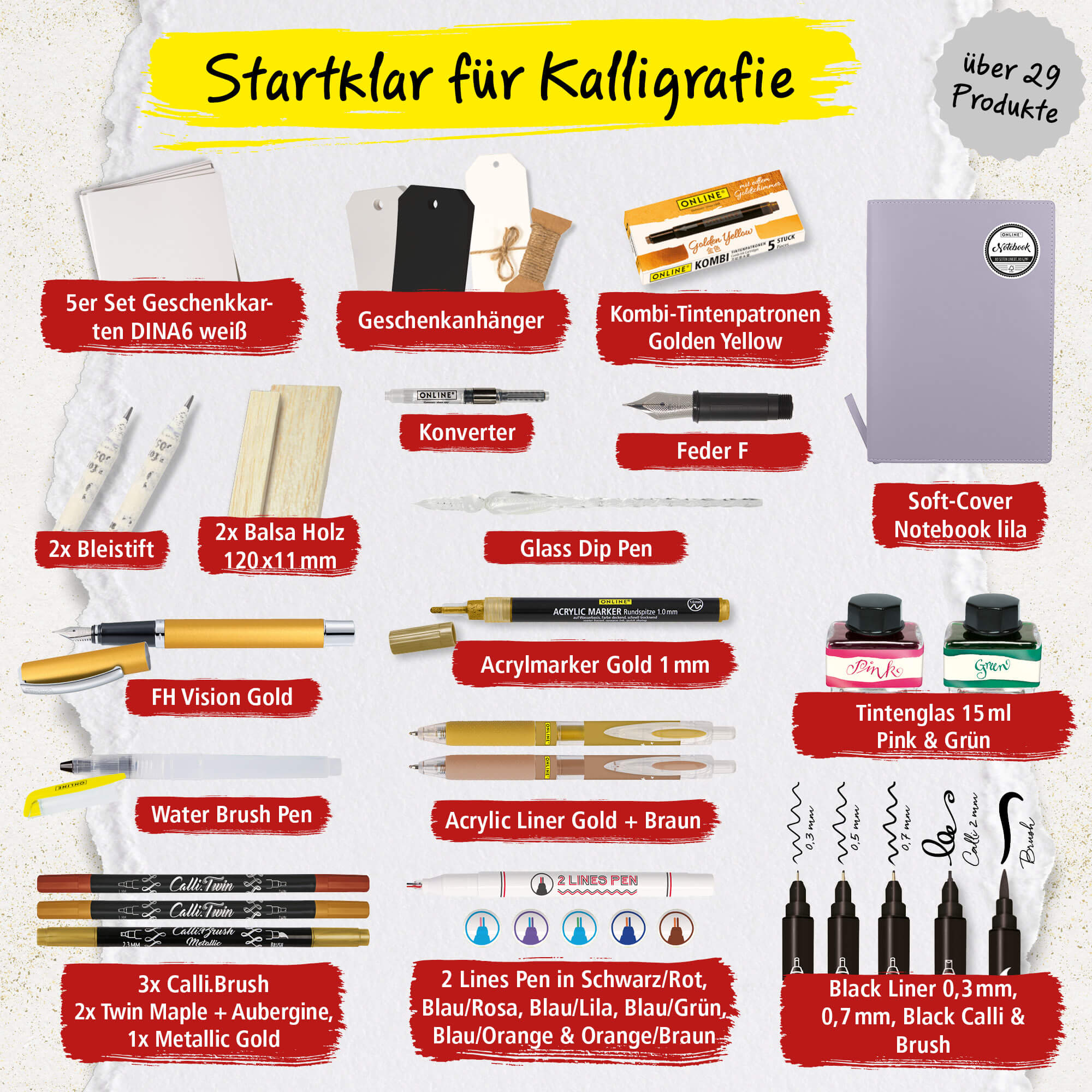 Inhaltsangabe, Kalender enthält u.a. Grußkarten, Block, Acrylmarker
