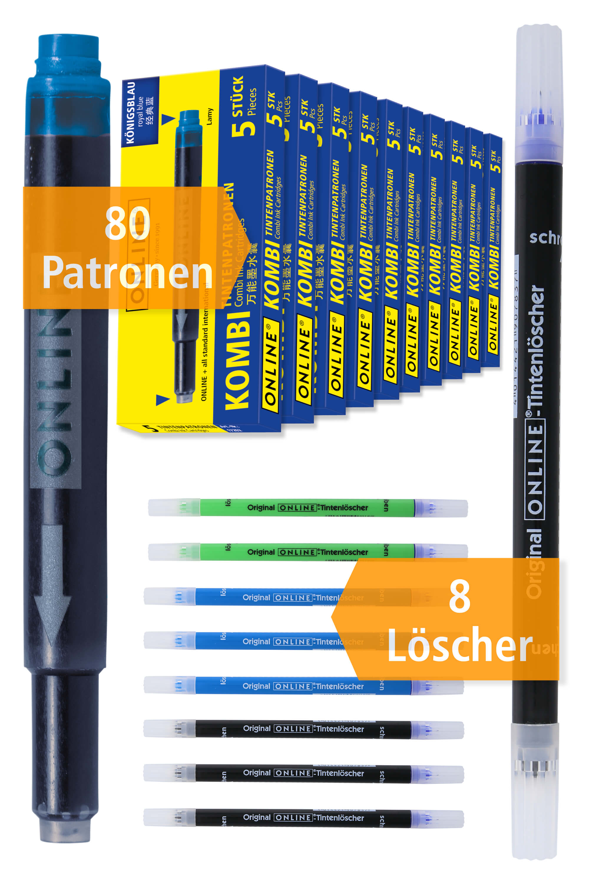 80x Ink cartridges blue & 8x Ink eraser, value pack