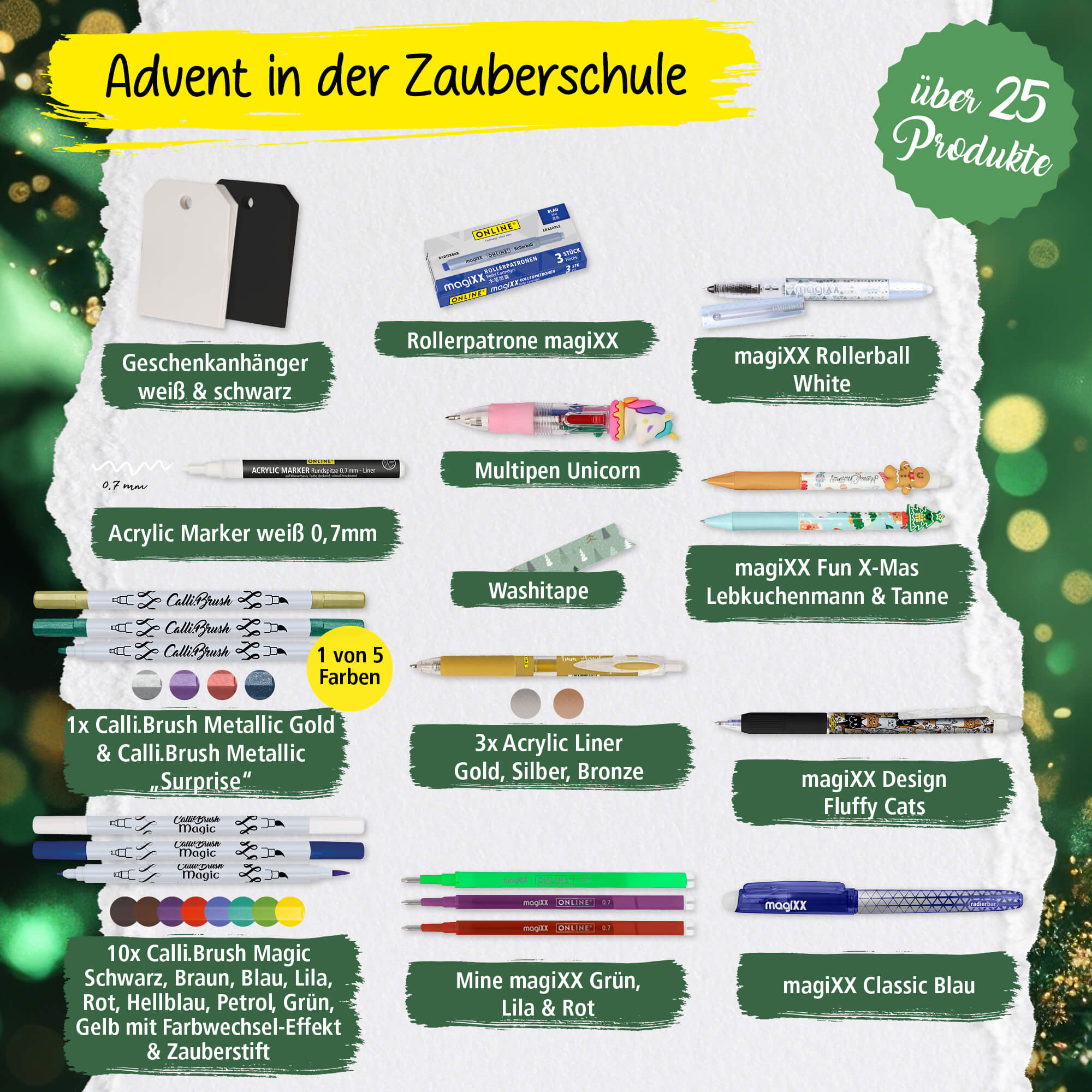 Produkte aufgelistet, die im Kalender enthalten sind, z. B. Geschenkanhänger, magixx Rollerball