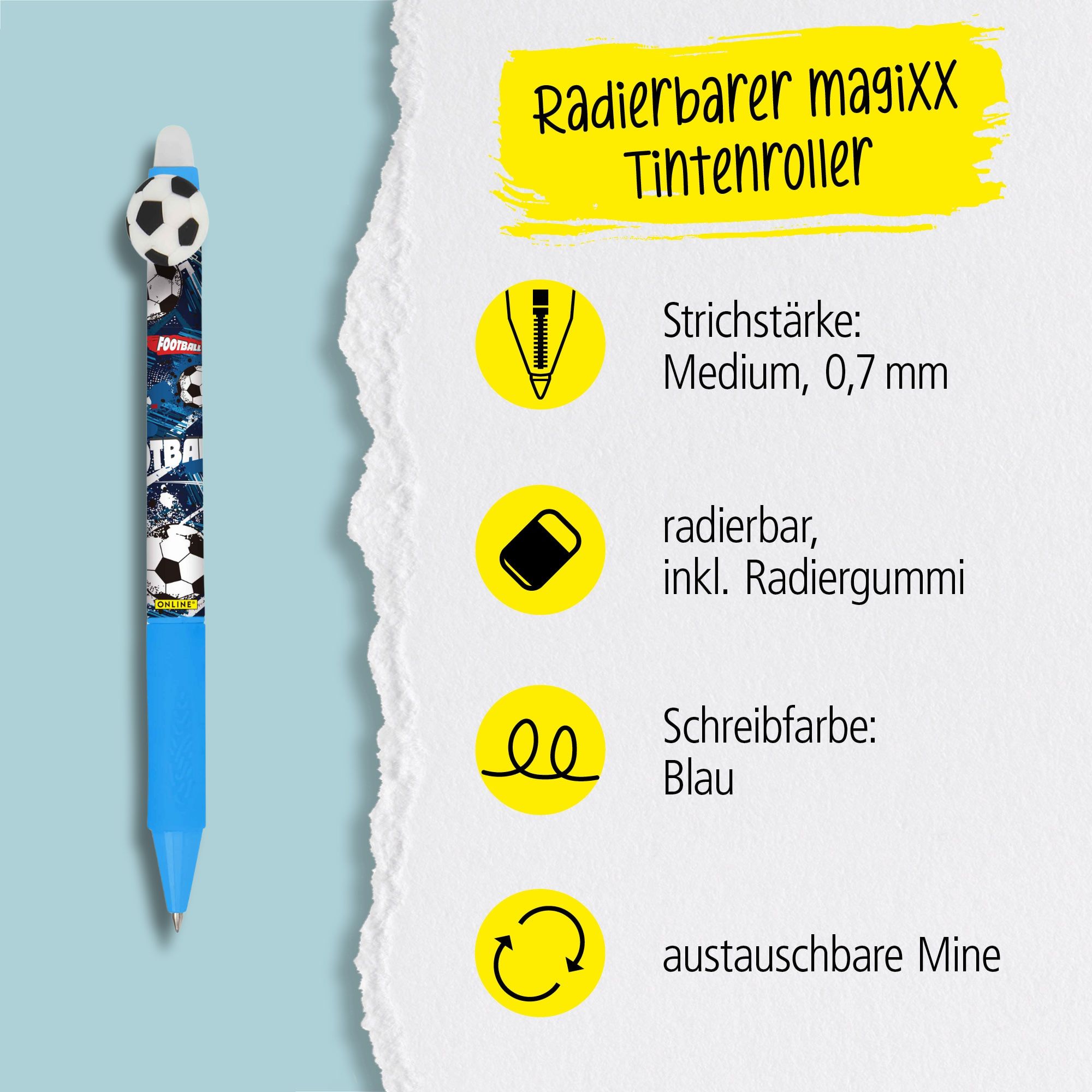 Eine austauschbare Mine und radierbare Tinte in der Schreibfarbe Blau zeichnet unsere magiXX aus