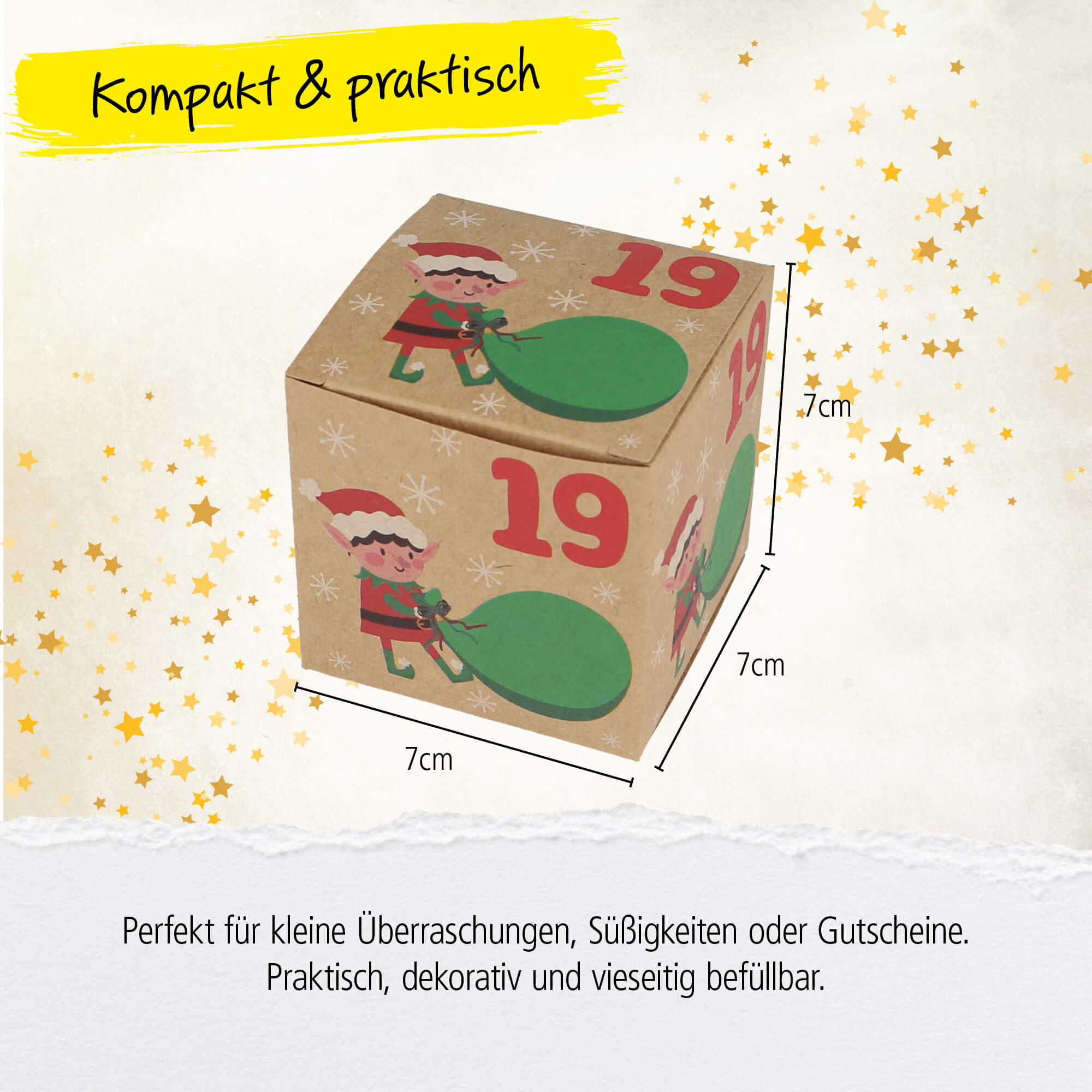 Adventskalender mit 24 Geschenkboxen, Maße einer Box