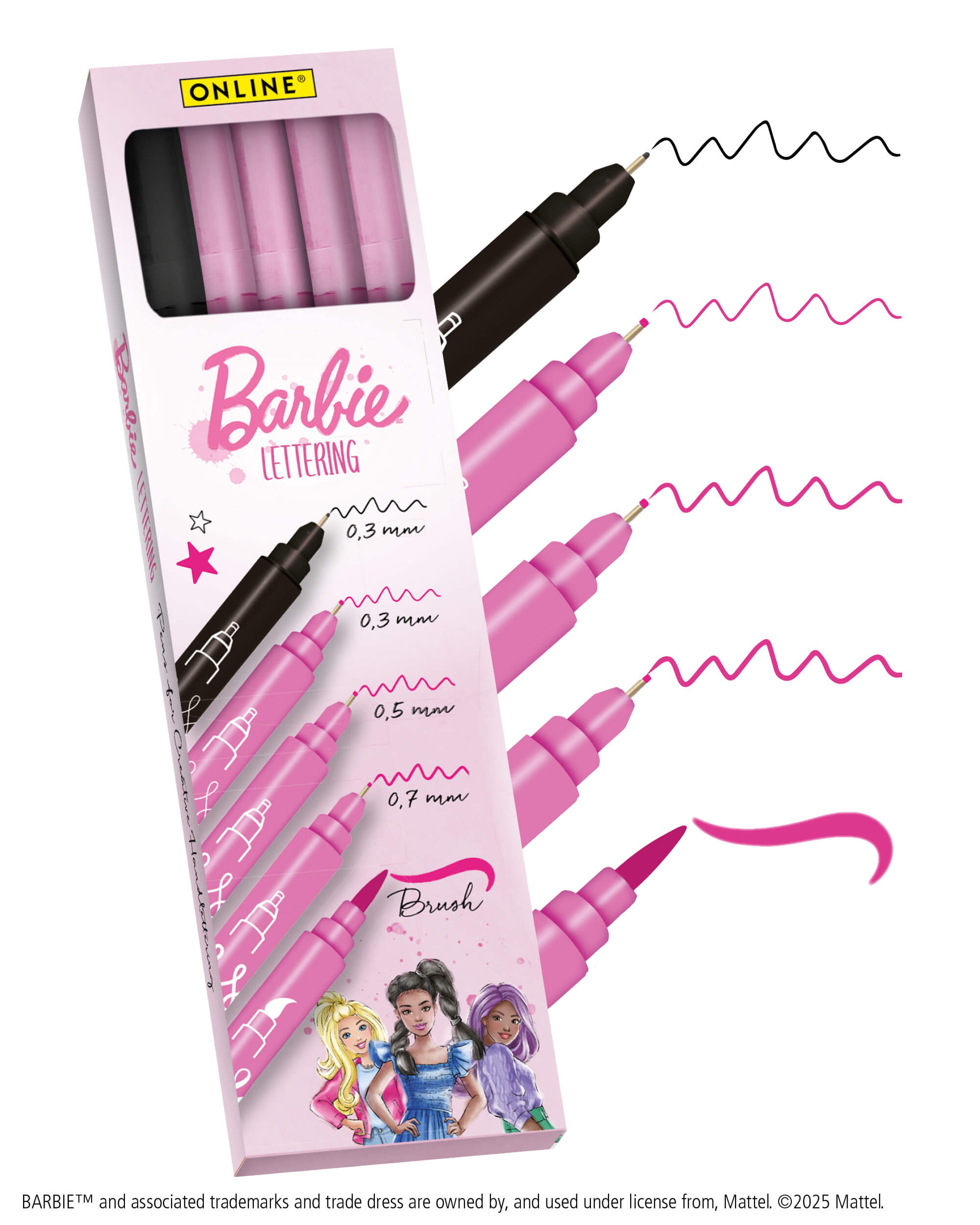 Barbie Pink Lettering Set with Fineliner and Brushpen, 5 pens