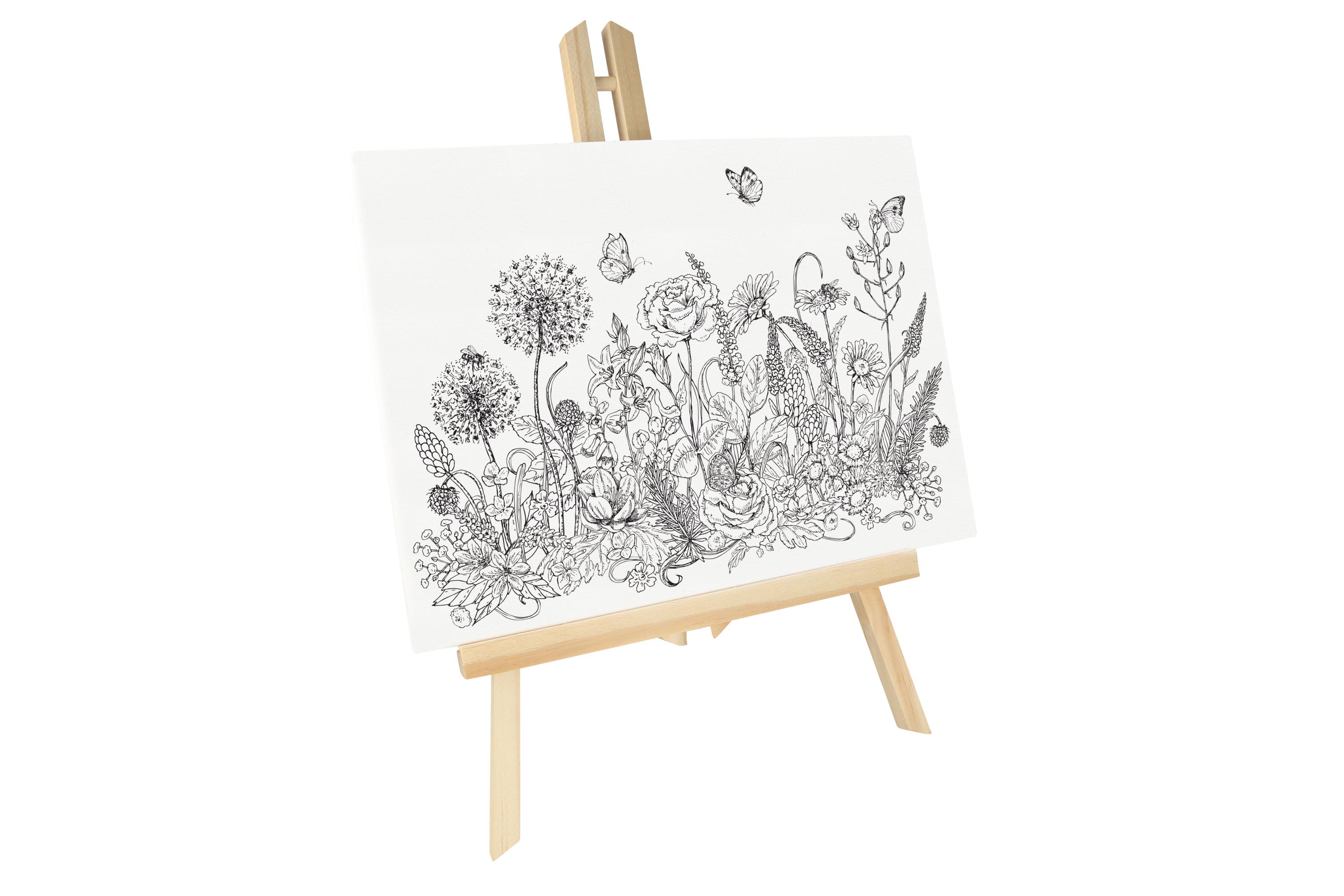 Canvas on wooden easel incl. 6 brush pens design Flowers